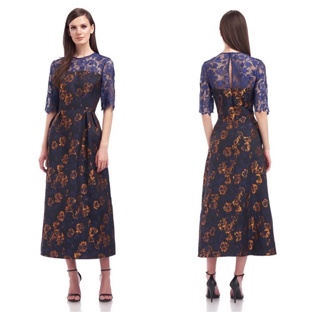 Kay Unger New York Floral Jacquard Lace Illusion Dress